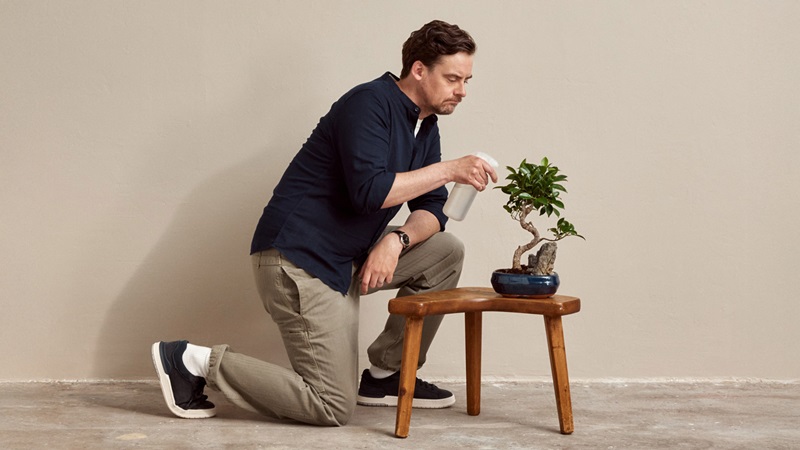 mies kastelee bonsaita