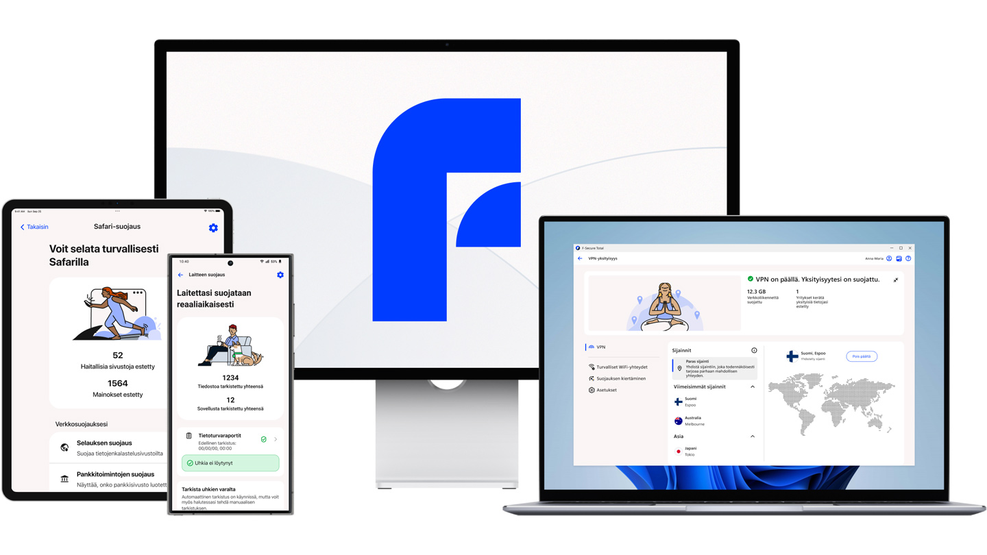 Kuvakaappauksia F-Secure Total -palvelusta eri laitteilla