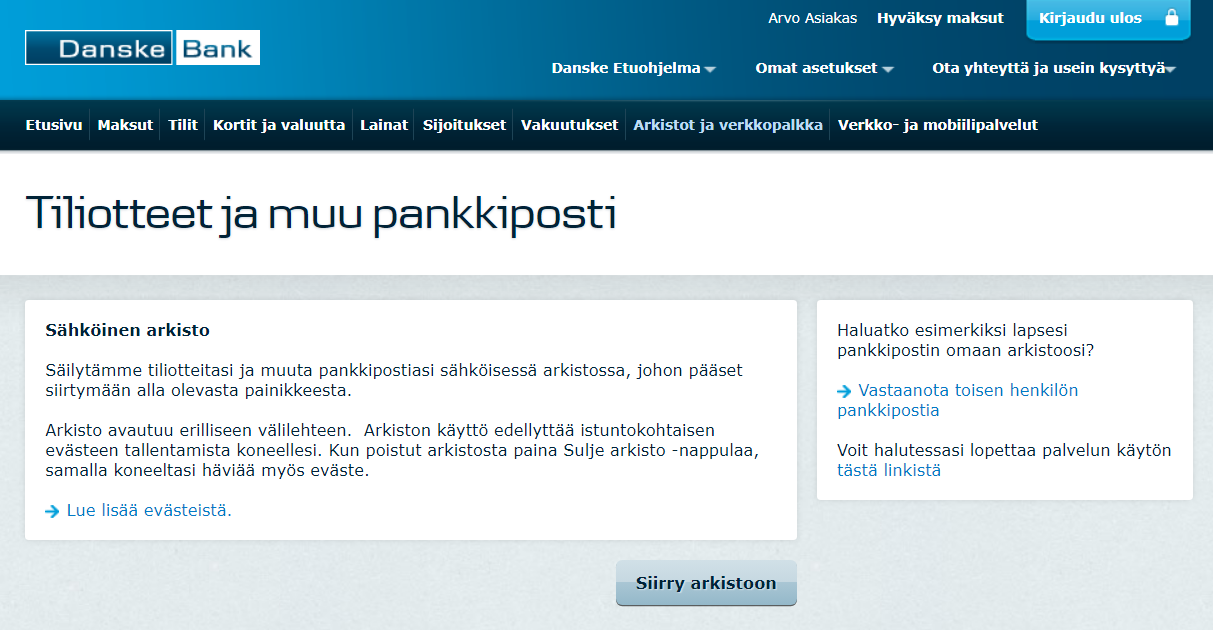 Kuvakaappaus: Verkkopankin tiliotteet ja muu pankkiposti