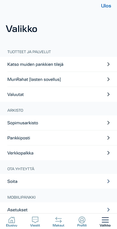 Kuvakaappaus: Mobiilipankin valikko