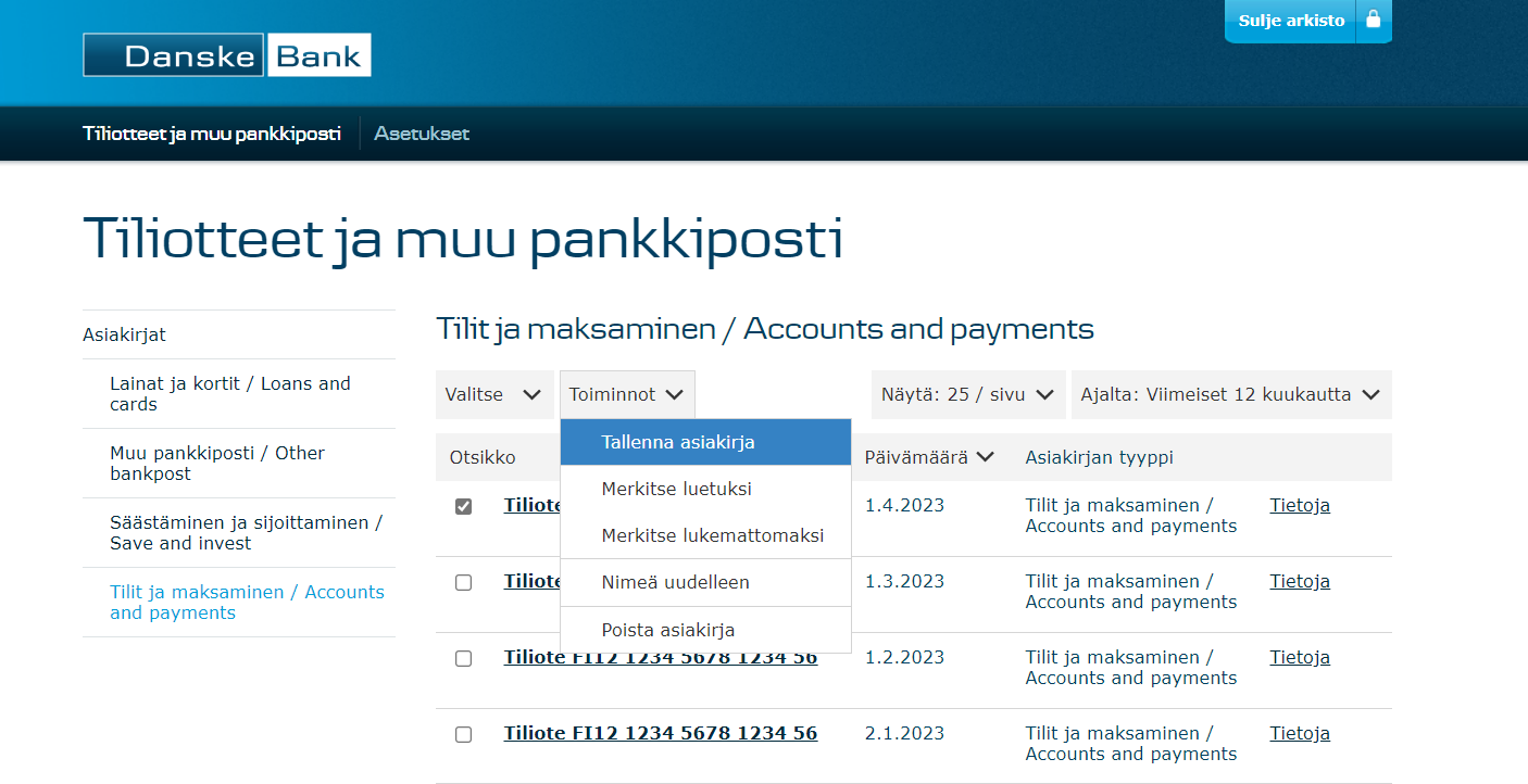 Kuvakaappaus: Verkkopankin arkiston Toiminnot-valikko