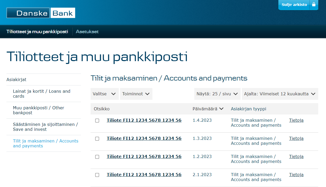 Kuvakaappaus: Tilien asiakirjat arkistossa