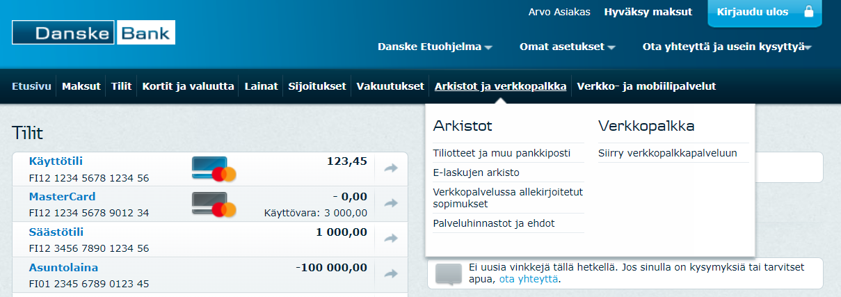 Kuvakaappaus: Verkkopankin Arkistot ja verkkopalkka -valikko