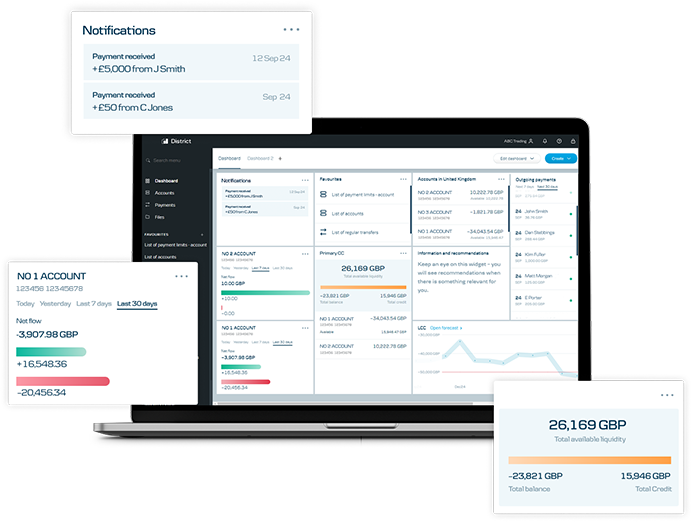 Yrityslaina näkymä District-verkkopankissa, jossa yrityslainan määrä, korko ja maksuaikataulu esitettynä